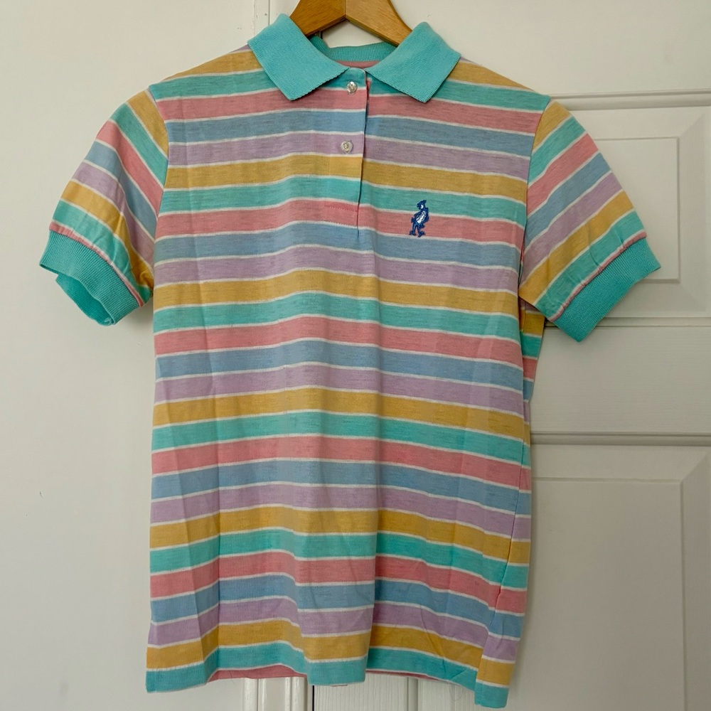 Vintage striped ladies polo style shirt by “Stuffed Shirt” in gorgeous pastels